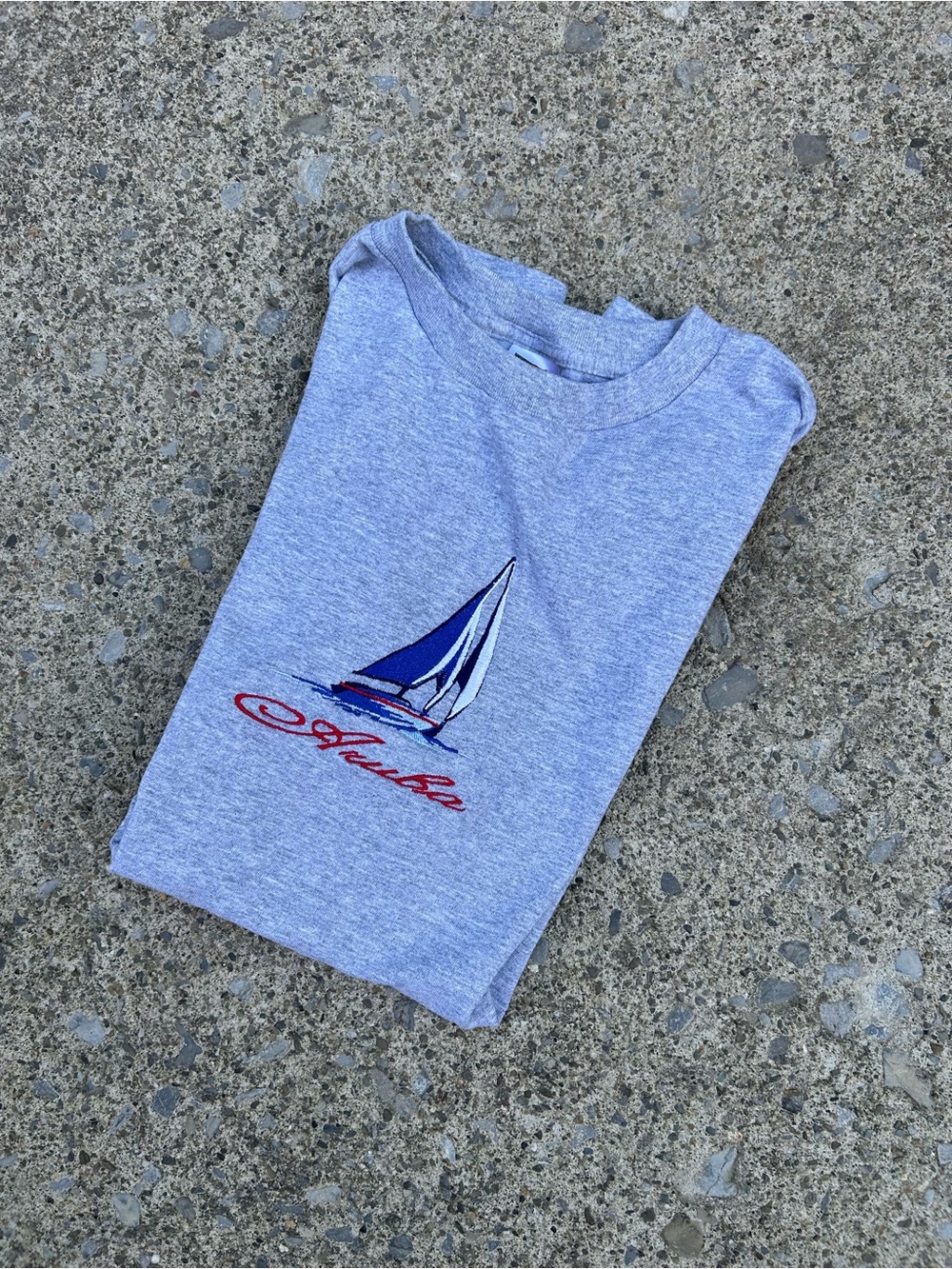 Vintage 90’s  Heather Gray Sailboat Graphic Tee with Blue and Red Accents